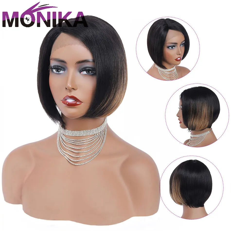 

Monika U Part Wig #T1BS27 Ombre Brazilian Short Human Hair Wigs Remy Hair Straight Bobo Lace Wig 150%Density Perruqu Women's Wig