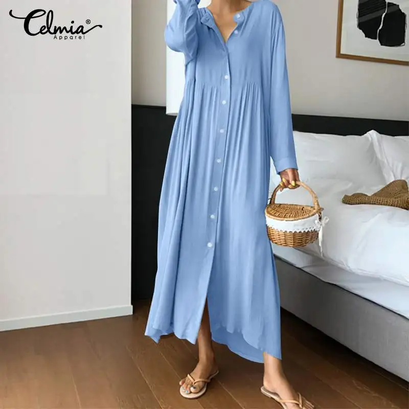 

2020 Celmia Fashion Women Long Shirt Dress Casual Long Sleeve Buttons High Waist Split Dress Ladies Elegant Party Vestidos Mujer