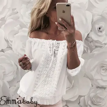 

Sexy Off Shoulder Tops Spring Summer Strapless Women Blouse Floral Lace Slash Neck Shirts Casual Loose Blusas Plus Size White