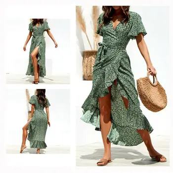 

2020 Summer Women Dress Holiday Polka Dot Maxi V-neck Long Shirt Sexy Short Sleeves Red Fashion Long Dress