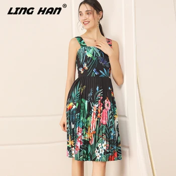

LINGHAN Fashion Beading dress Women's elegant Print Spaghetti Strap Pleated Party Dresses Designer Spring Summer New