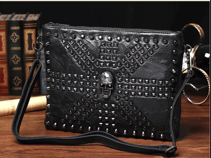 Fashion Skull Women Messenger Bag Rivet Envelope Mini Clutch Cross Small Handbag shopping Mini Black Beach Bag