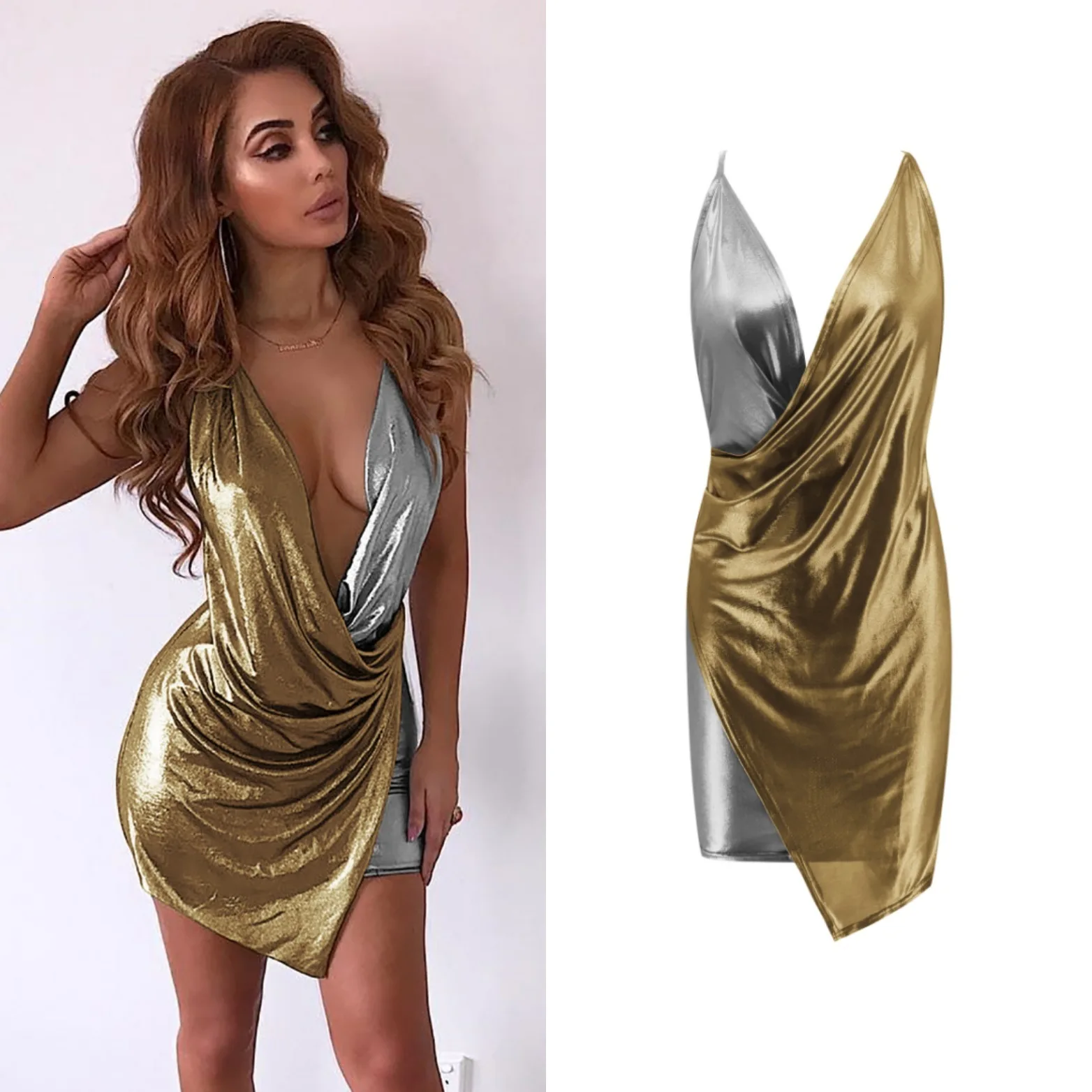 Gold silver BacklakeGirls, контрастные цвета, коктейльные платья,, раздельные, сексуальные, глубокий v-образный вырез, на бретелях, элегантные платья для вечеринки, Robe De Soiree - Цвет: Gold silver