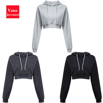 

Vana Javeasen Simple Short Slim Hooded Pullover Sweatshirt Women Solid Long Sleeve Crop Tops Autumn Sport Female Hoodies Top