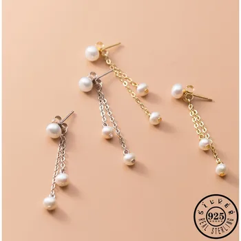 

925 Sterling Silver Natural Freshwater White Pearl Earring Jackets Trendy Gold Color Plated Tassel Chain Earrings for Women
