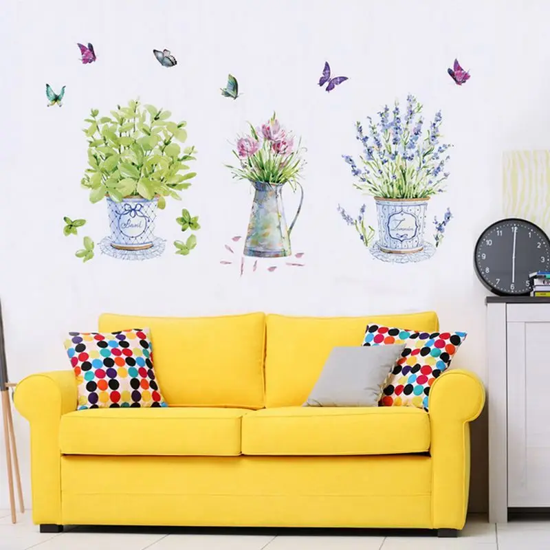 Flower Potted Butterfly Wall Sticker Kitchen Window Glass Bathroom Decals Waterproof Wall Decor