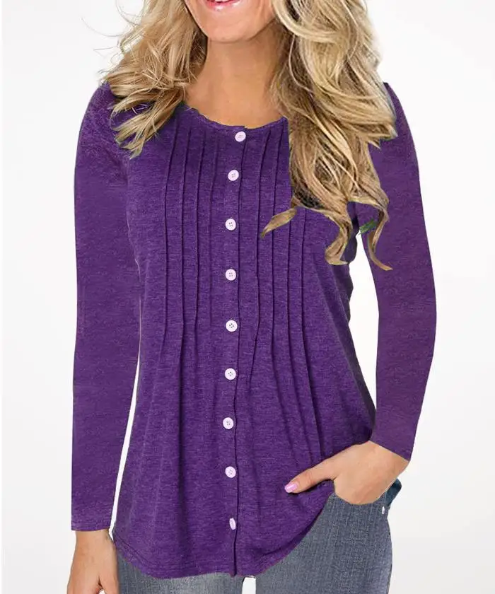 2019New женская блузка рубашка женский топ с круглым вырезом пуговицы и длинным рукавом офисные женские блузки базовые Топы футболки Блузы - Цвет: style12