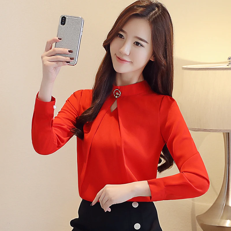 

Spring Autumn Korean Fashion Style Women's Long Sleeve Elegant Work Shirt Stand Collar Chiffon Blouse Top Plus Size Clothing