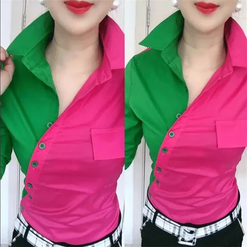 여성용 사선 플래킷 시크 컬러 매칭 블라우스, 라펠 긴팔 패치워크, 컬러 대비 스트리트웨어, 여성 블라우스 셔츠 3