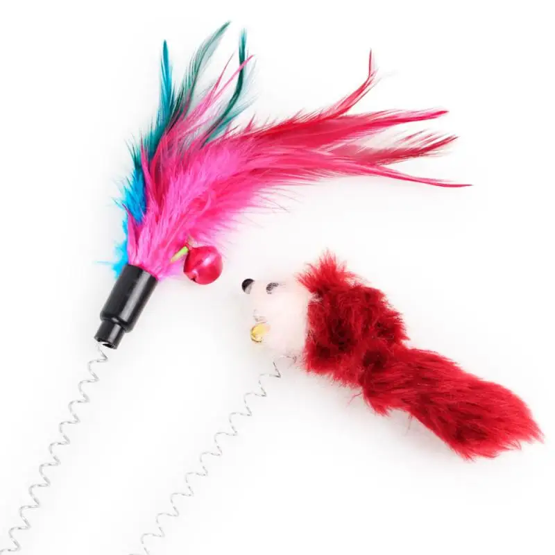 Feather Stick Spring Toy Suction With Bell Mouse Cat Interactive Pet Tool Elastic Scratcher Mice Teaser Entertainment Multicolor
