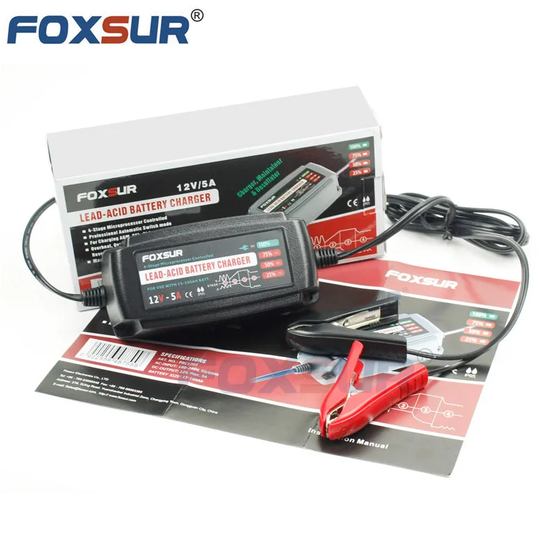 FOXSUR автомобиля Батарея Зарядное устройство 12V 5A Автоматическая умная Батарея Зарядное устройство сопровождающий и Desulfator для свинцово-кислотные аккумуляторы для мотоциклов