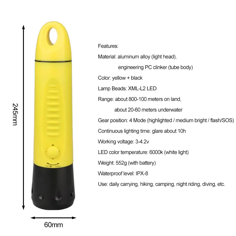 Профессиональный фонарь для дайвинга подводное плавание факел ABS L2 светодиодный 3 режима встроенный аккумулятор подводный фонарик