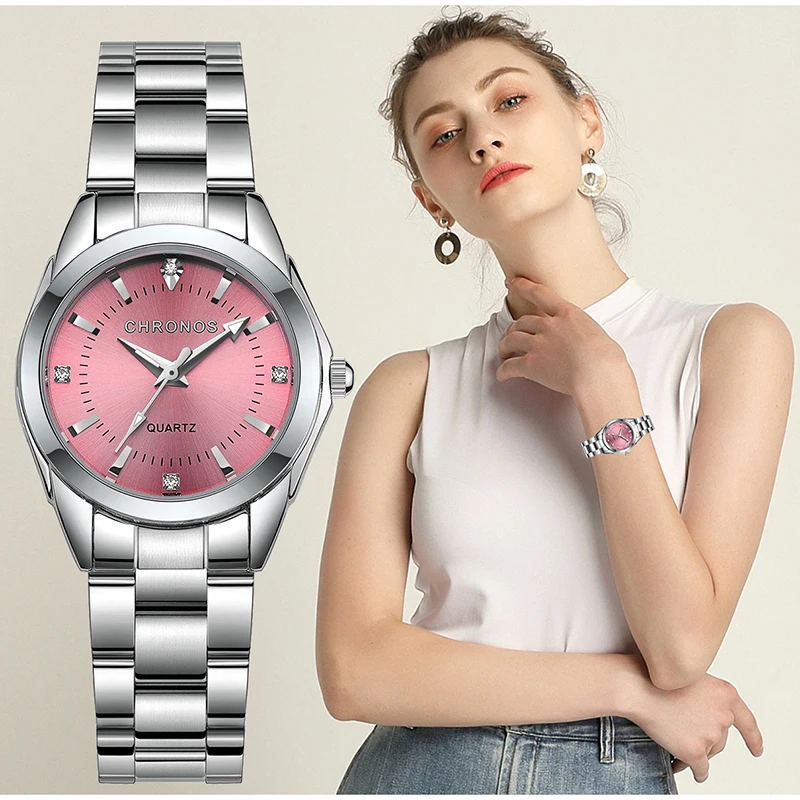 CHRONOS Frauen Luxus Strass Edelstahl Quarz Uhren Damen Business Uhr Japanische Quarzwerk Relogio Feminino