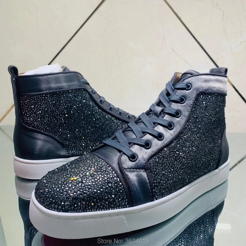 

High Top cl andgz Lace up Gray silk leather Rhinestone Rivets Red bottoms Sports Shoes For Man Sneakers casual Flat Footwear