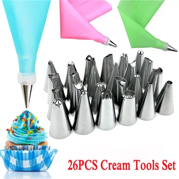 

26 PCS/Set Silicone Pastry Bag Tips Kitchen DIY Icing Piping Cream Reusable Pastry Bags +24 Nozzle Set Cake Decorating Tools