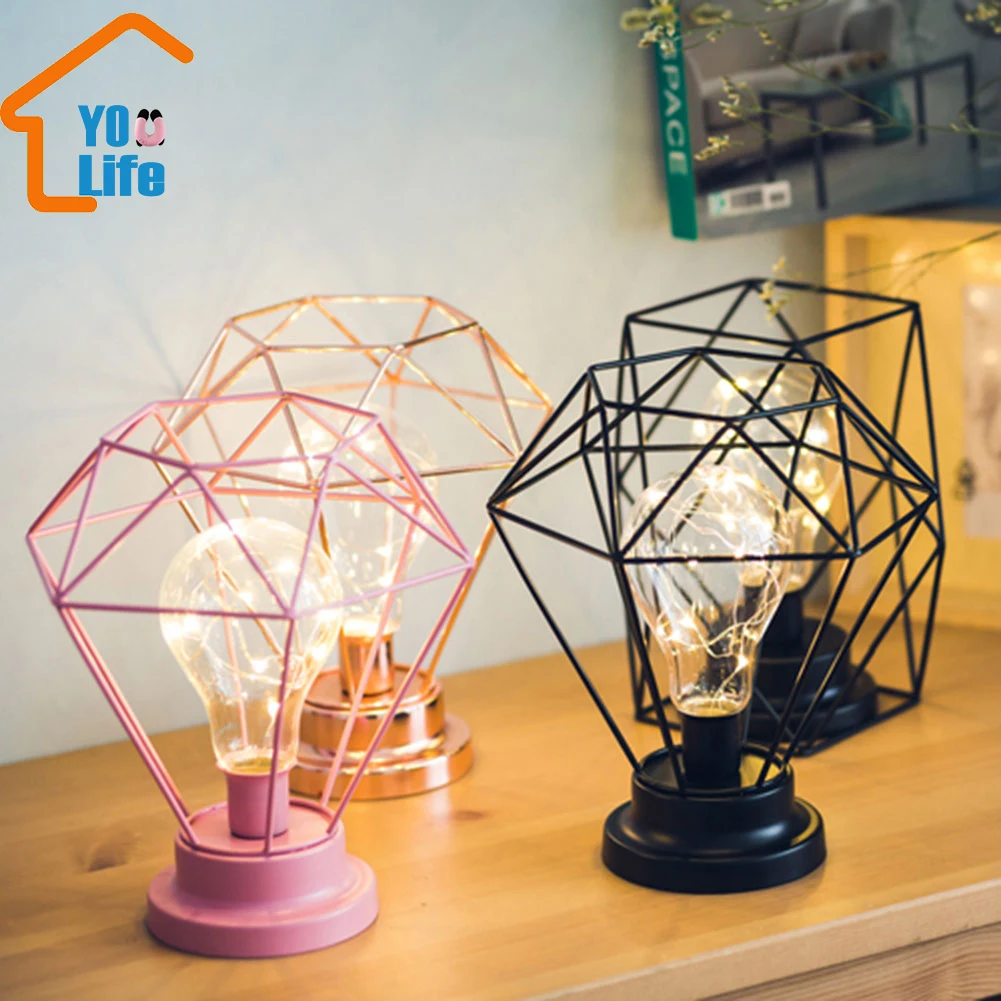 

Iron Geometric USB Lamp Decoration Creative Metal Candlestick Retro LED Light Ornament Desktop DIY Home Figurine Decor Crafts
