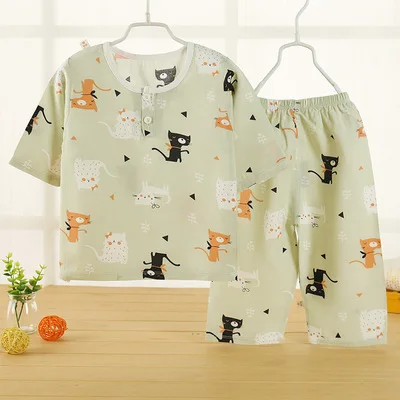 

Summer Children Cotton Silk Pajamas 1-3-5-Year-Old Boy Girls Half-sleeve Shirt Capri Pants Thin Baby Bourette Set in