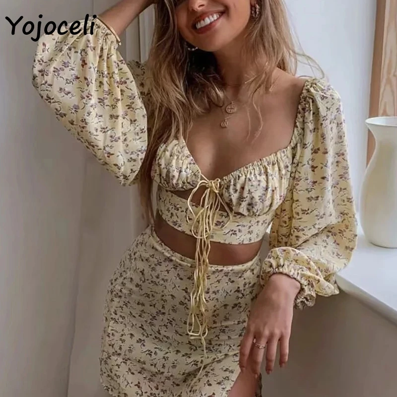 Yojoceli, квадратная горловина, цветочный принт, блузки, рубашка, для женщин, длинный рукав, Обрезанные блузки, женские блузки, рубашка