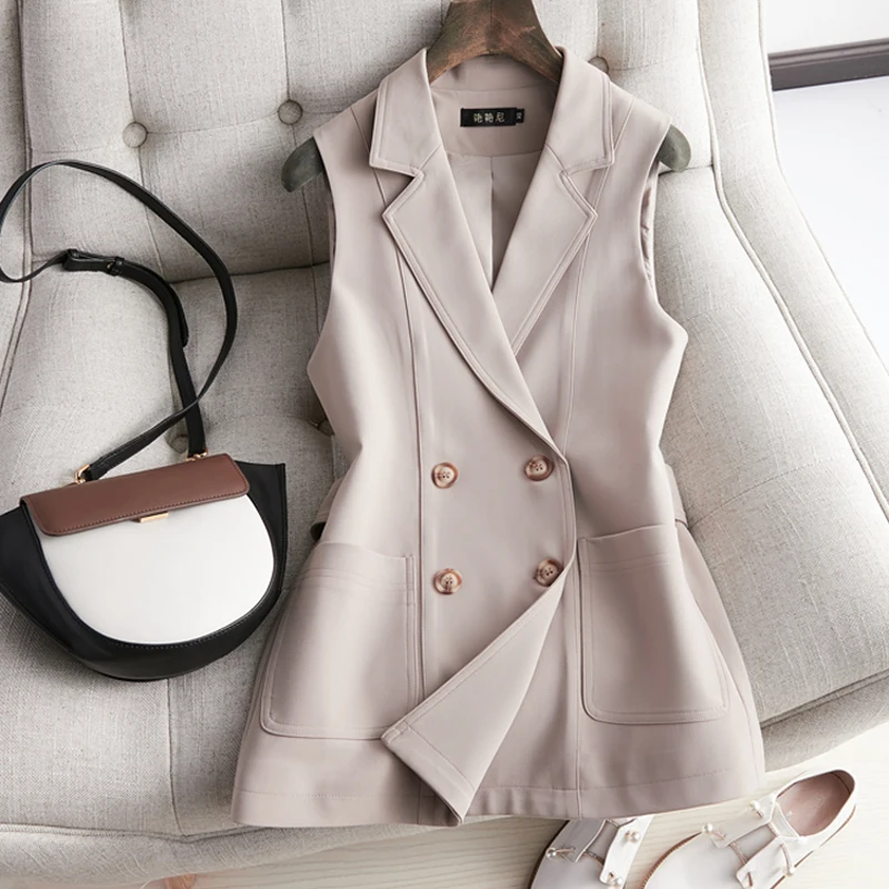 PLUS SIZE 5XL!Autumn Women Blazers Sleeveless Long Vest Jacket Double-breasted Casual Outwear Elegant Office Lady Jackets