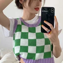 

Women's Sweaters 2021 Checkerboard Print Knitted Sweater Knitted Vest High Street Women's Vest O-Neck Loose Sweater Vest