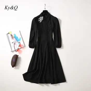 

High Quality Fashion Office Ladies 2020 Summer New Fashion Lapel Long Sleeve Luxury Women Party Slim Long Dress Black Clothes