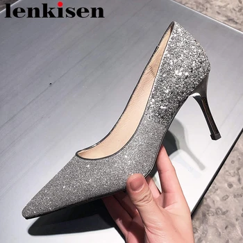 

Lenkisen 2020 hot shiny shoes women sequined cloth pointed toe stiletto high heels beauty lady nightclub queen party pumps L98