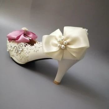 

9CM high heels ivory pink party wedding pumps shoes for woman handmade lace flower pearls bridal pumps shoe plus size