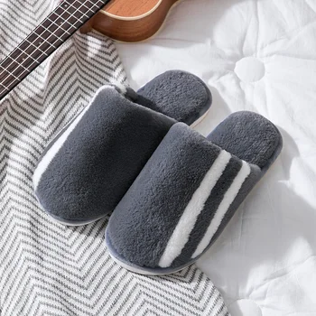 

2019 TZLDN Men'S Indoor Slippers Warm Fur Home Bedroom Plush Slippers Striped Non-Slip Memory Foam Cotton House Slippers