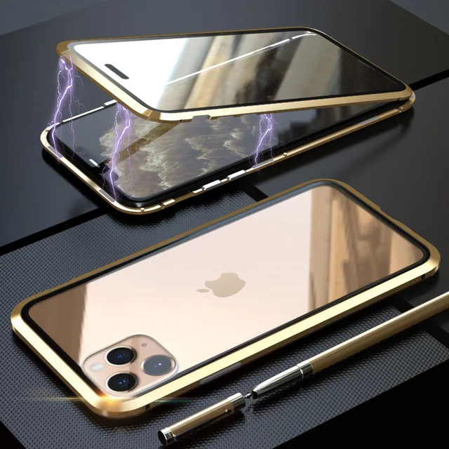 Alxun для Apple iPhone 11 Pro Max чехол 360 градусов двусторонний металлический чехол из закаленного стекла для iPhone 11 Pro Чехол - Цвет: Золотой