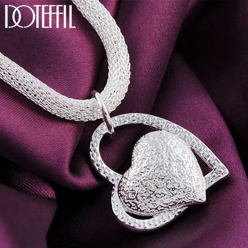 DOTEFFIL Silver Color 18 Inch Double Heart Pendant AAA Zircon Necklace For Women Fashion Wedding Charm Jewelry