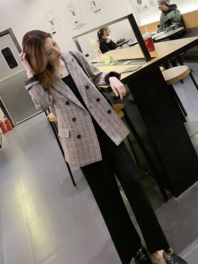 

2019 Spring New Style Retro British Style Double Breasted Grid Red Small Suit Women's CHIC Slim Fit Casual Coat