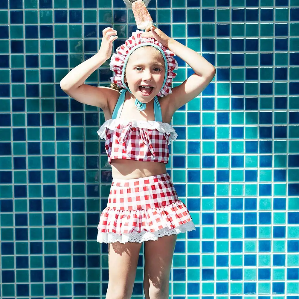 Girls Two Piece Swimsuit Falbala High Waisted Skirted Bikini Set Halter Neck Swimwear Gingham Printing Bathing Suits with Hats | Спорт и
