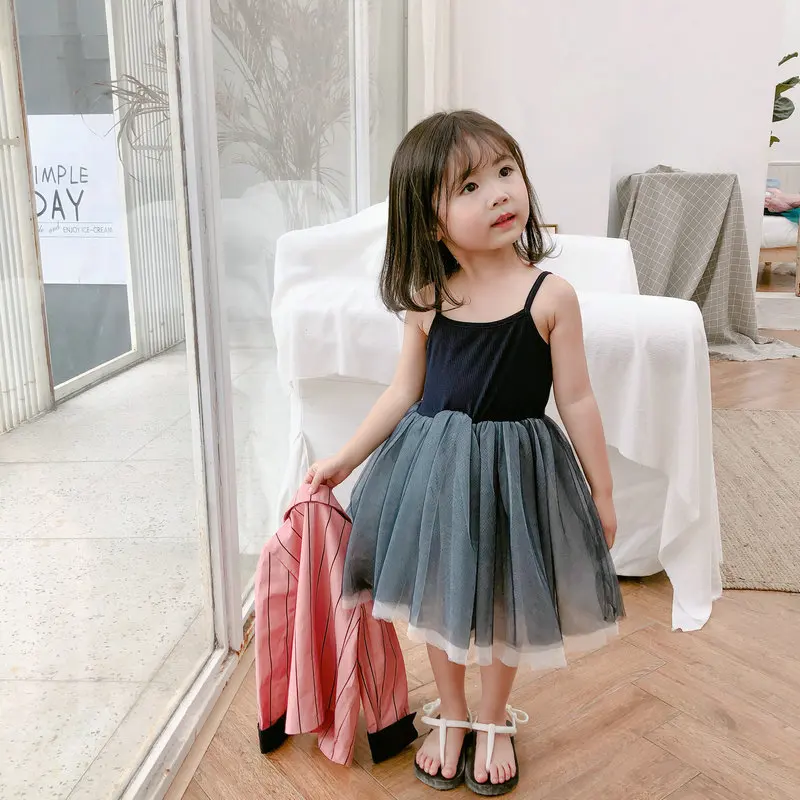 

Summer Girls Dress Korean-style Girls Solid Color Top Shirt with Narrow Straps Joint Gauze Tutu