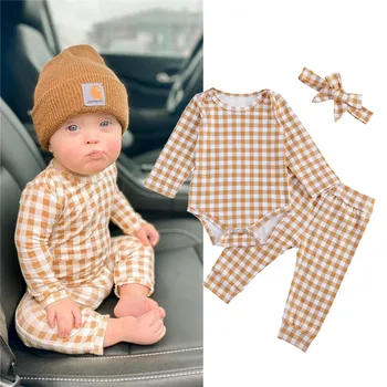 価格 新しい男の子服秋の冬のファッション秋春長袖チェック柄ロンパースパンツベビー少年少女秋3ピースセット
