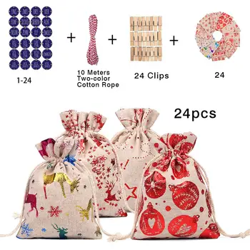 

Christmas Drawstring Gift Bag Advent Calendar Pouch Candy Chocolate Storage Bag With Stickers Clips Ropes Christmas Decoration