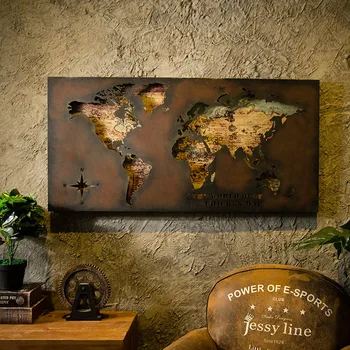 

Metal steric World Map Painting Board Bar Restaurant Wall Pendant LOFT Industrial Style Living Room Bedroom Wall Decorations