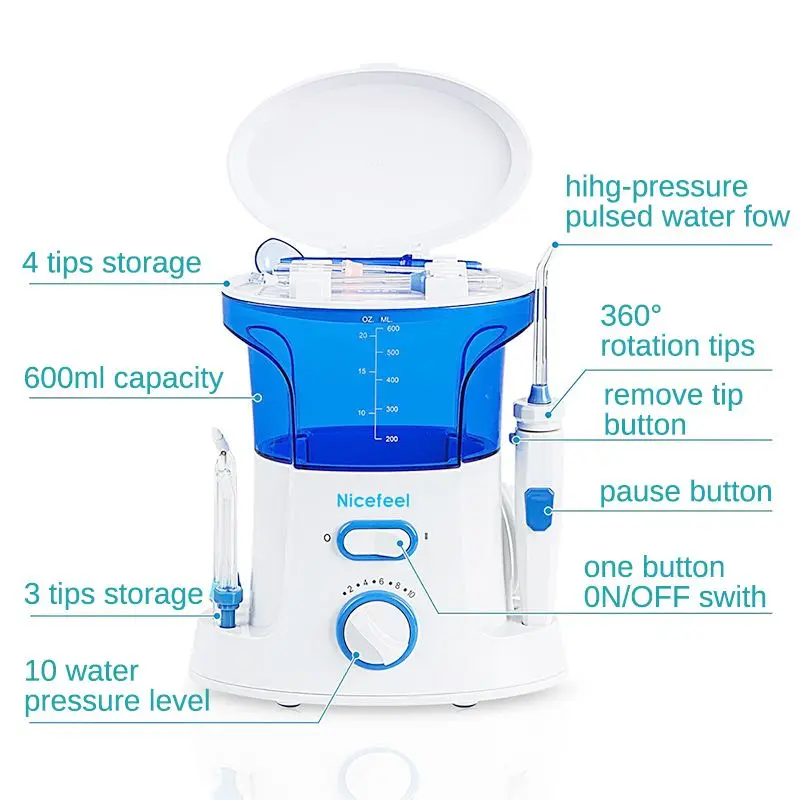 Nicefeel 600 мл водный зубной Флоссер, Электрический ирригатор для полости рта, уход за зубами, зубная щетка для воды, стоматологический спа с 7 наконечниками белого цвета
