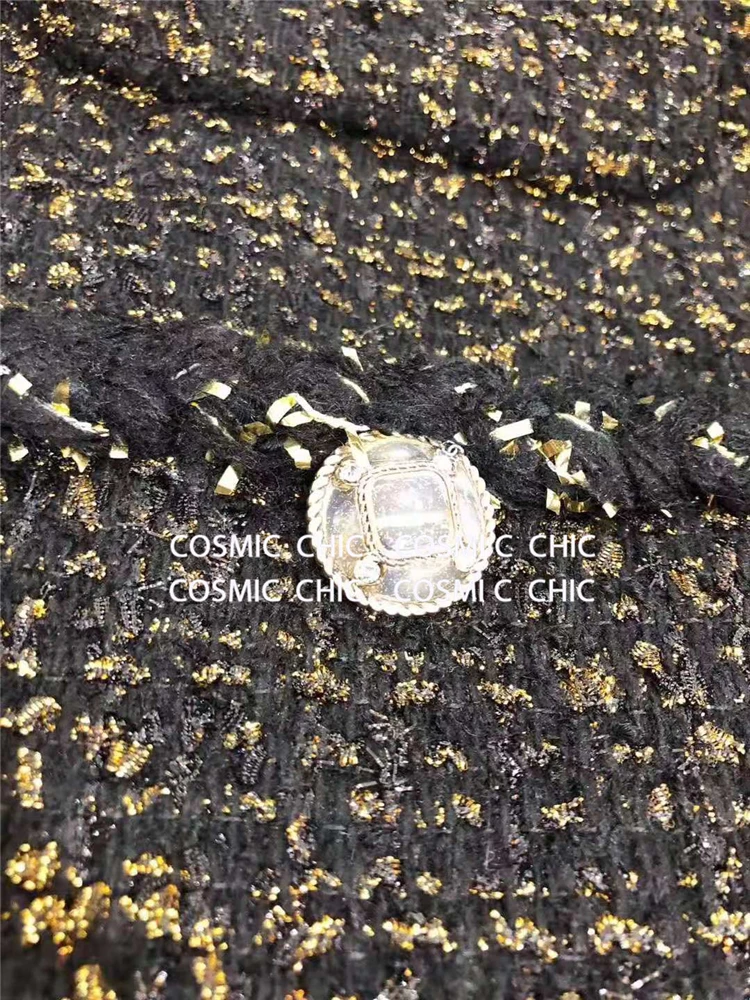 Cosmicchic Женская Осенняя Элегантная черная короткая куртка Роскошная шерстяная твидовая куртка с длинными рукавами и золотым плетением нитей OL Женская куртка