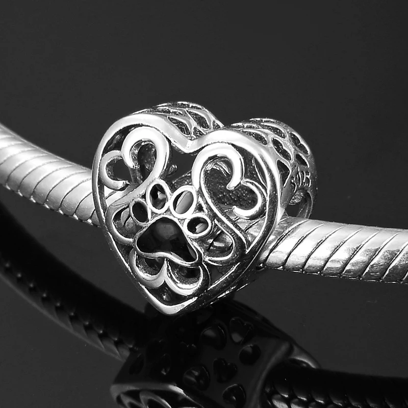 Lovely Dog paw print Hollow Heart Beads 925 Sterling Silver Charm Beads Fashion Jewelry Making Fit Original Pandora Bracelets