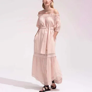 

Women Off Shoulder Summer Dress Lace Trim High Waist Sashes Belted Tunic Midi Dress