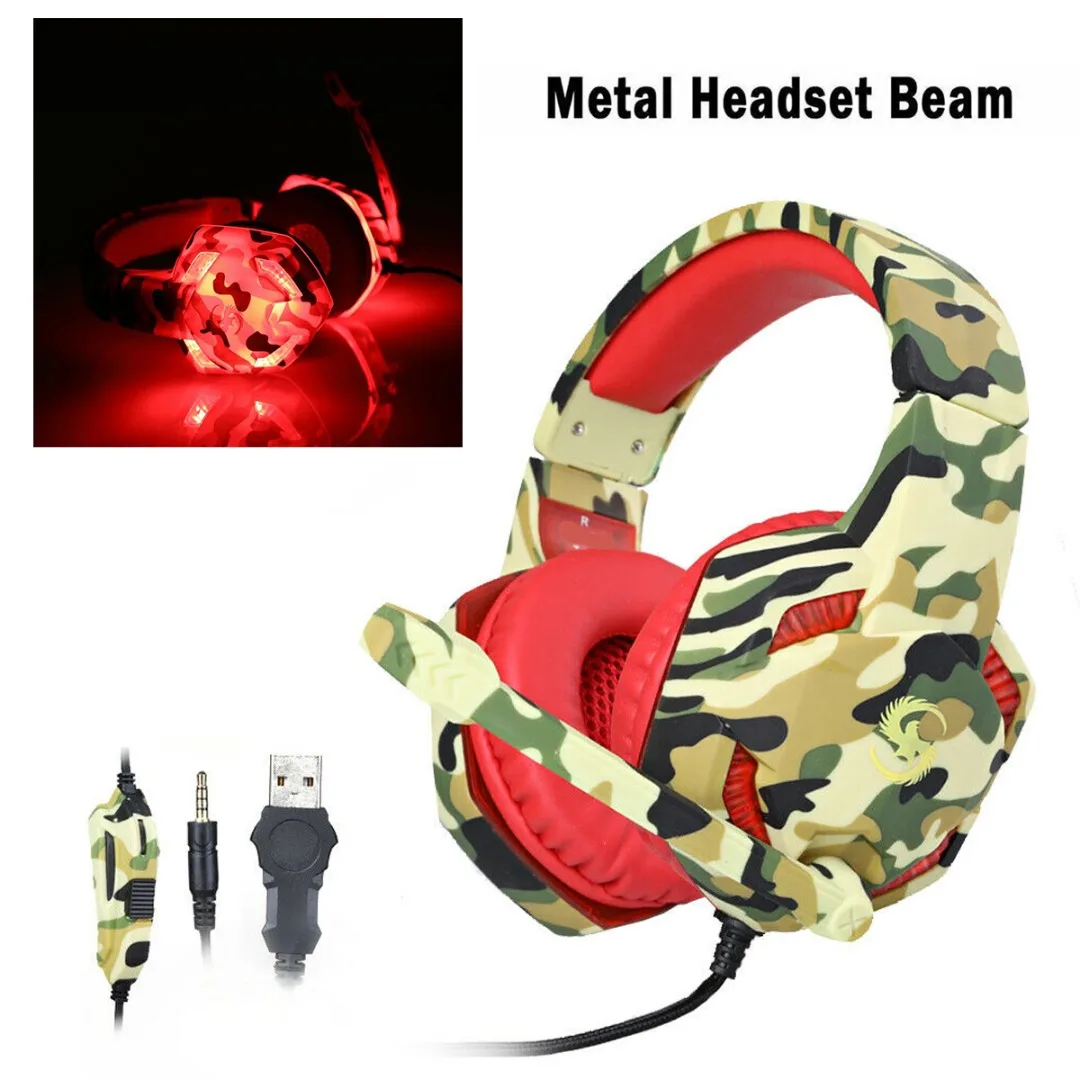 Pohiks 1pc K17 Camouflage 3 5mm Wired LED Gaming Headphones Adjustable Bass Stereo Gamer Headset With Mic For PC Computer PS4