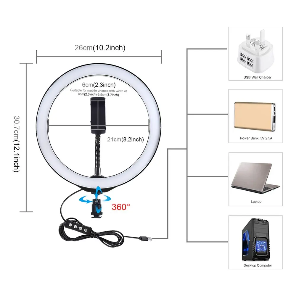 PULUZ, 10 дюймов, Usb, 3 режима, регулируемое светодиодное кольцо Vlogging, селфи, фотография, Видео Освещение с холодным башмаком, штатив, шаровая Головка, зажим для телефона