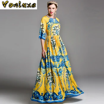 

Quality 2020 Spring Summer Luxury European Design Runway Women Empire High Waist Vintage Retro Print Long Maxi Dress