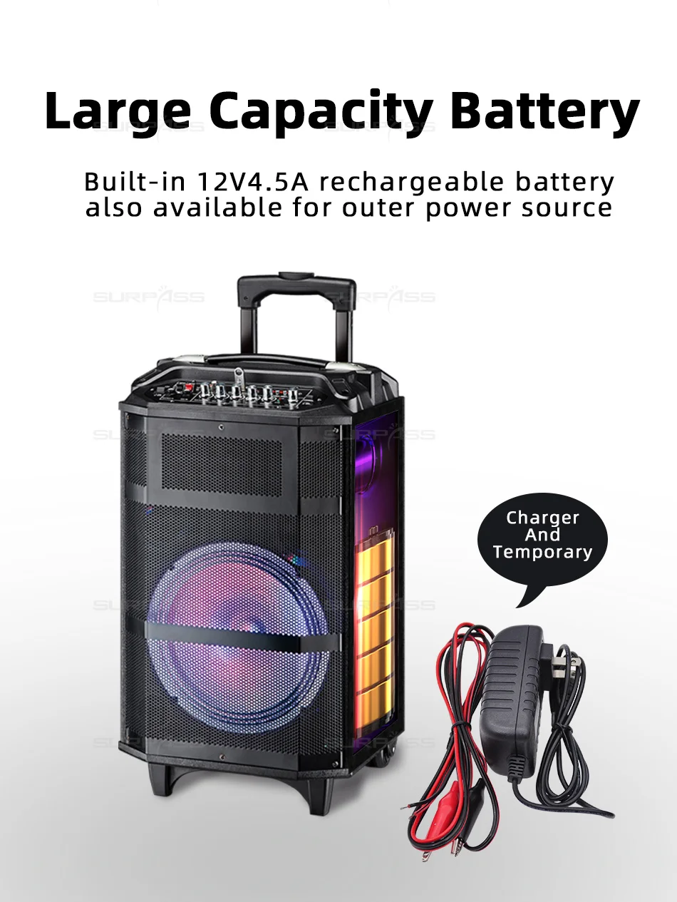 Outdoor or Home Karaoke Bass Treble Bluetooth Microphone Speaker 10'' Portable Battery Loudspeaker with FM Radio LED Light USB Outdoor or Home Karaoke Bass Treble Bluetooth Microphone Speaker 10'' Portable Battery Loudspeaker with FM Radio LED Light USB