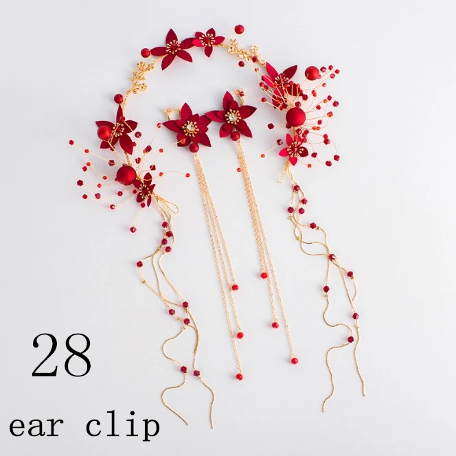 Новая тиара ручной работы с кисточкой красная лента-ободок для волос с цветами и жемчугом+ серьги свадебные цветочные гирлянды невесты вечерние свадебные женские аксессуары для волос - Окраска металла: 28 ear clip