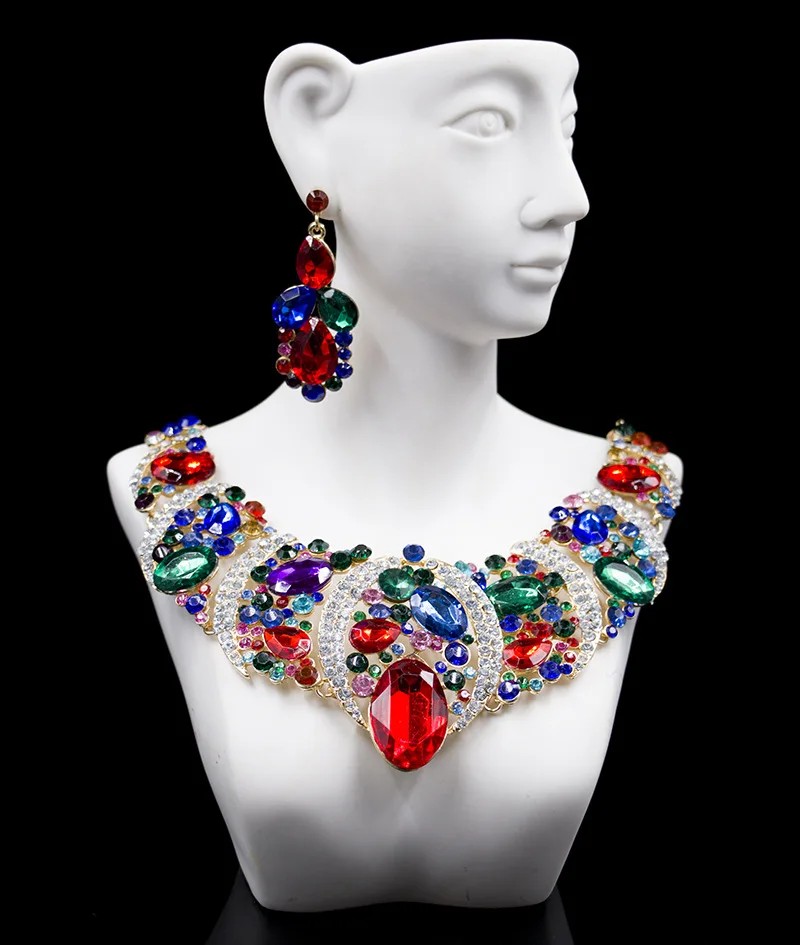 

European and American alloy plating color exaggerated bride necklace earrings set party evening accessories