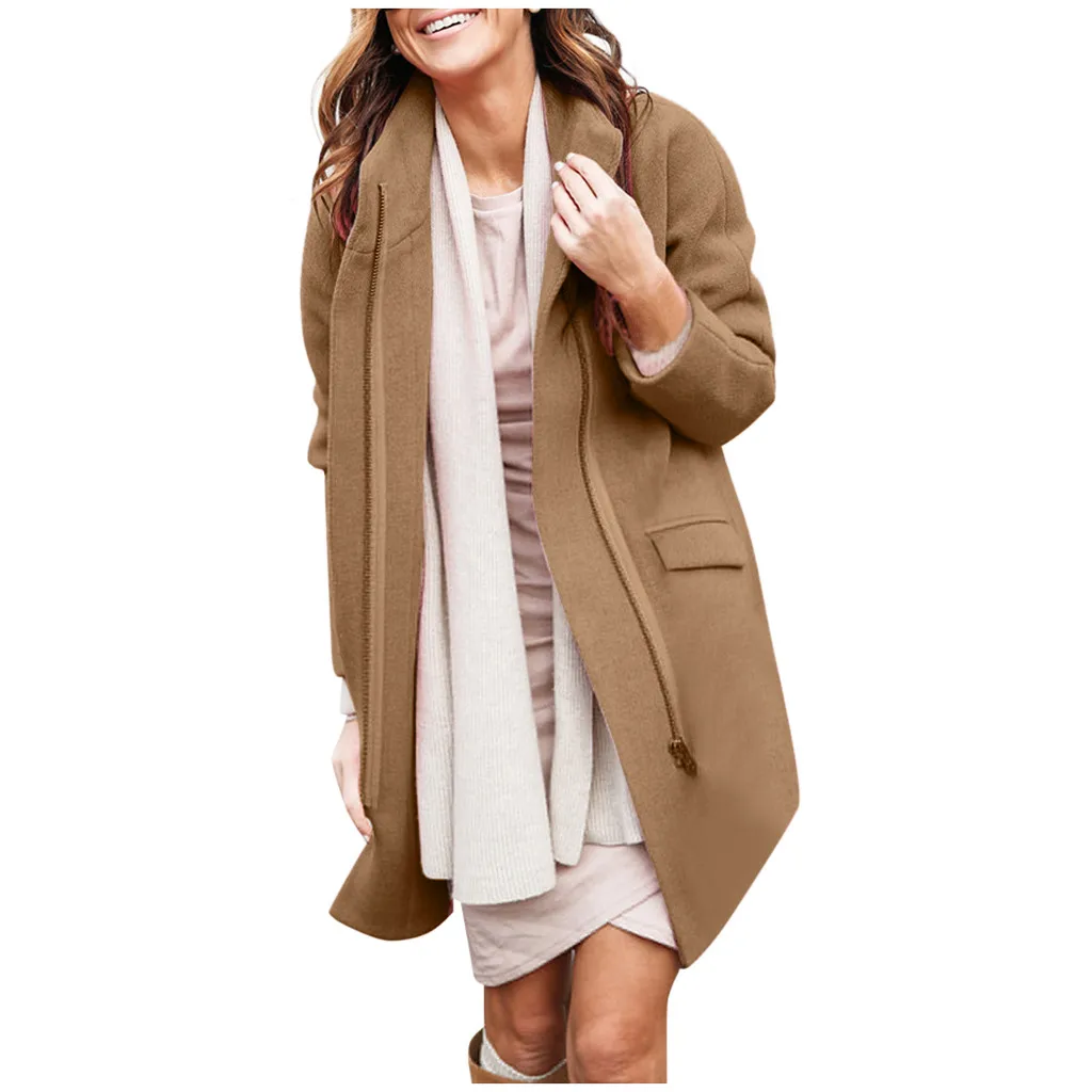 Casaco feminino с карманами на молнии для женщин; большие размеры; зимнее простое шерстяное длинное пальто макси; женский халат; Верхняя одежда; manteau femme 30 - Color: Beige