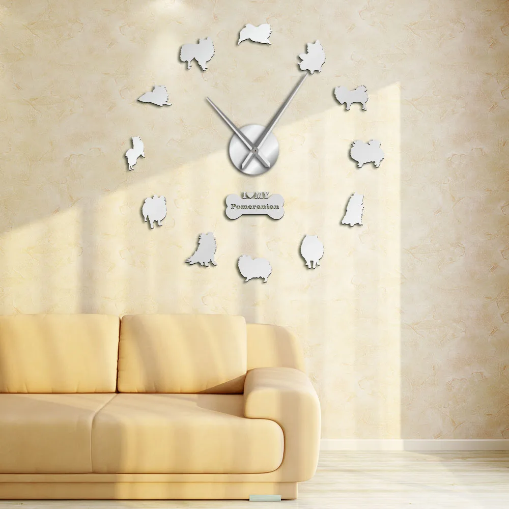 Очаровательные померанский шпиц в форме собаки 3D DIY дизайнерские настенные часы акриловые настенные наклейки с зеркалом эффект часы для домашнего декора