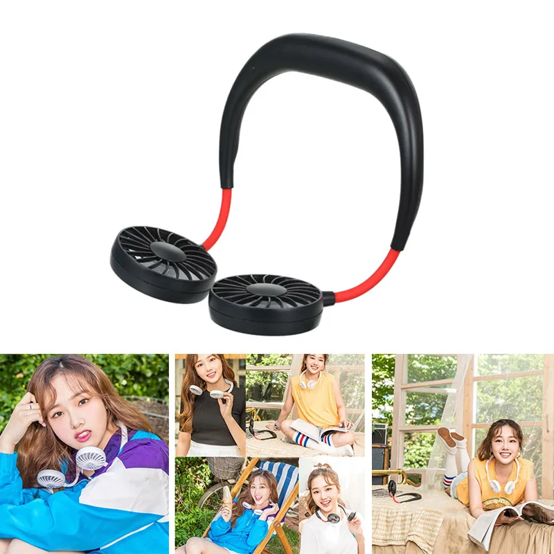 

Mini USB Portable Neckband Fan With Rechargeable Battery Small Double Fans 3 Speed Adjustable For Home Office Traveling