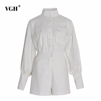 

VGH White Shirt Shorts Women Two Piece Sets Lantern Sleeve Blouse Female High Waist Shorts Suits Spring 2020 Fashion New Clothes